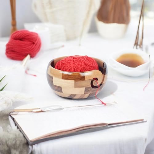 Image of Large Wooden Yarn Bowl | Handmade Knitting Wool Storage Bowl | Yarn Holder Dispenser with Holes to Prevent Slipping and Tangles for Knitting & Crocheting (Multicolor)