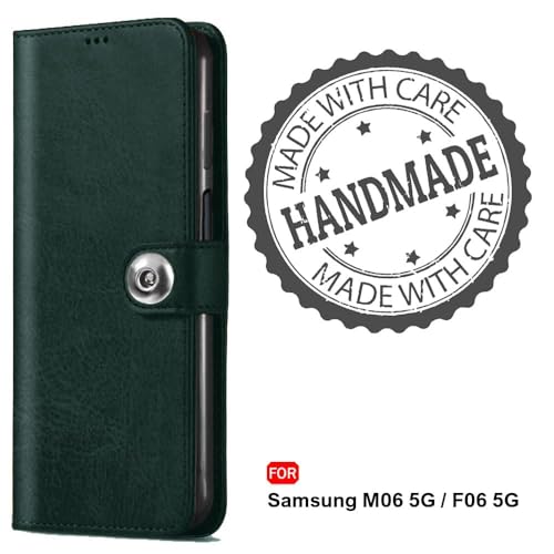 Image of Genuine Leather Finish Flip Back Cover Case for Mi Redmi A4 5G / Redmi 14C 5G / Poco C75 5G / Poco M7 5G | Inbuilt Pockets & Stand | Designer Button Magnet Flip Cover (Faux Leather (Green)