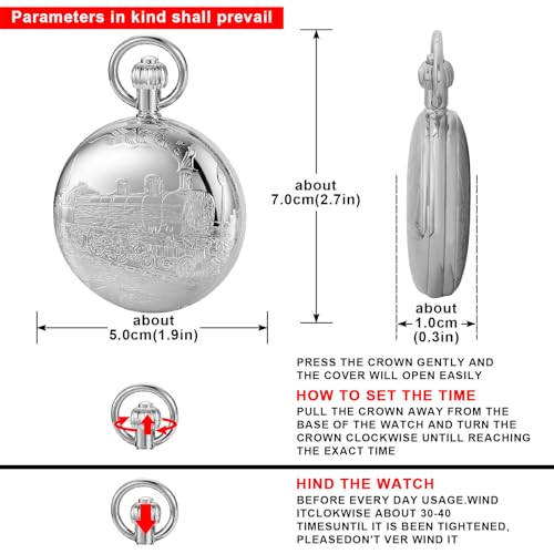 Image of Copper Pocket Watch Train Railroad Steampunk Mechanical London Hand Wind Double Case Mens Watches with Chains & Boxs Christmas Graduation Birthday Gifts Fathers Day(Silver)