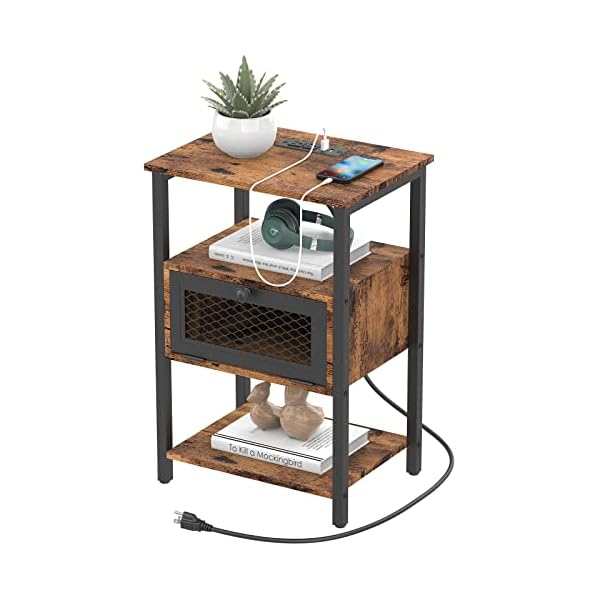 DOMYDEVM Nightstand with Charging Station, End Table with Power Outlets and USB Ports, Farmhouse Side Table with Drawer and Storage Shelf for Living Room, Bedroom, Rustic Brown