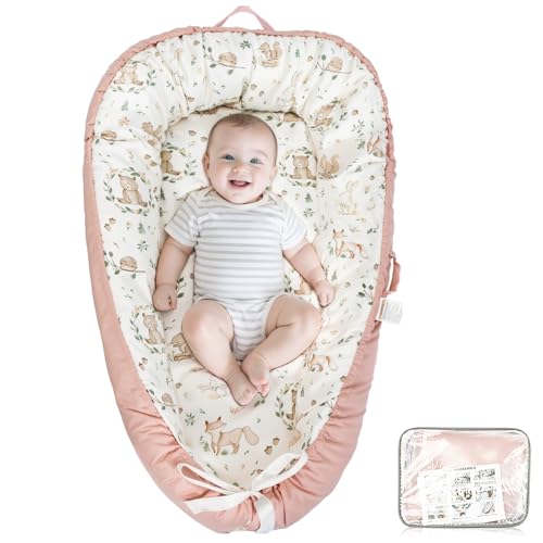 Image of puxinargo Baby Lounger - Babies Nest for Newborn, Breathable & Soft Organic Cotton Lounger, Portable Baby Lounger for Home & Travel, Ideal Newborn Essentials, Pink Bear