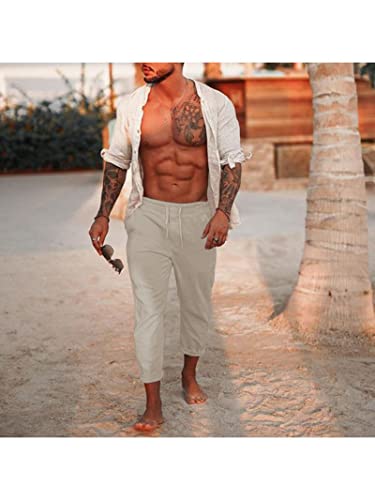 Men's Casual Cotton Linen Drawstring Pants Breathable Summer Beach Pants3