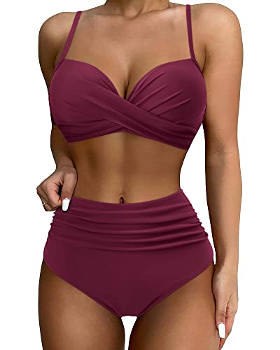 SUUKSESS Women Twist High Waisted Bikini Push Up Two Piece Swimsuits Sexy Bathing Suits (Wine Red, S)