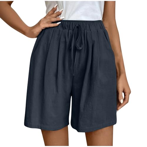 Womens Summer Cotton Linen Shorts Trendy High Waist Drawstring Workout Short Pants Casual Loose Comfy Beach Shorts(Navy,XX-Large)