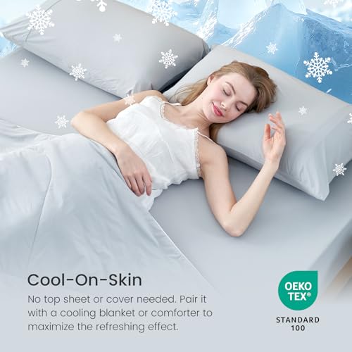 Cozy Bliss Premium Cooling Sheet Set King Size, Q-Max>0.4, 3PCS No Flat Sheet with 2 Pillowcases, Breathable Fitted Sheet for Hot Sleepers & Night Sweats, Deep Pocket Up to 18 Inches, Light Grey