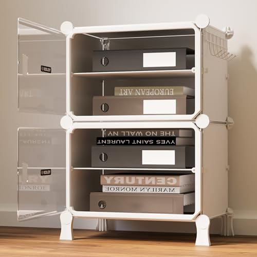 Image of BOXJOY 4 Shelf File Cabinet for Home and Office White Rack with 2 Transparent Doors Hard PET Plastic Drawer Cabinet with Metal Frame Multipurpose File Document Storage and Stationery Organizer
