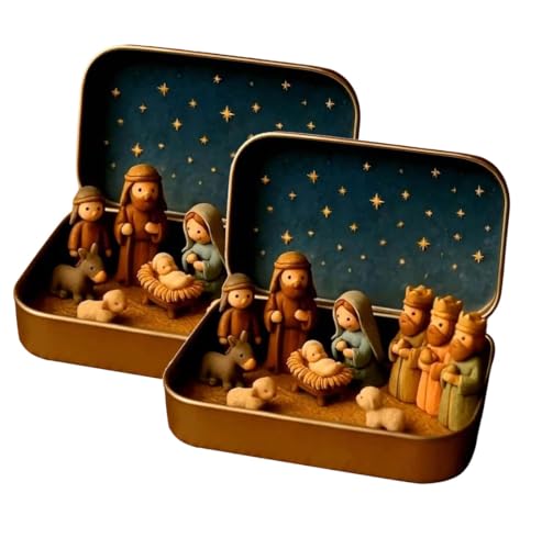 2026 New Mini Christmas & Easter Nativity Set in a Tin Box - Mini Easter Jesus Classic Scenes - Small Pocket Nativity Sets & Figures Easter Decoration Indoor for Home Gifts Decor (2 D)