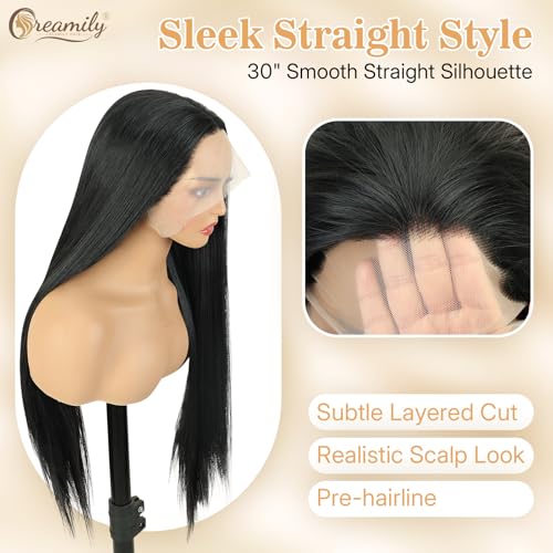 Image of Creamily 30 inch Synthetic Lace Front Wig Black Straight 13x3 HD Lace Front Wigs Long Straight Glueless Pre Plucked Heat Resistant Fiber Hair Wig Natural for Daily Party (Black, 30 inches)