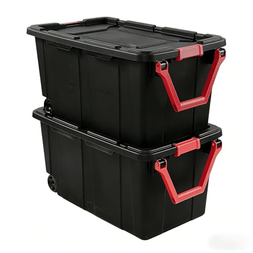 40-gallon wheeled plastic storage boxes with handles black 2-pack