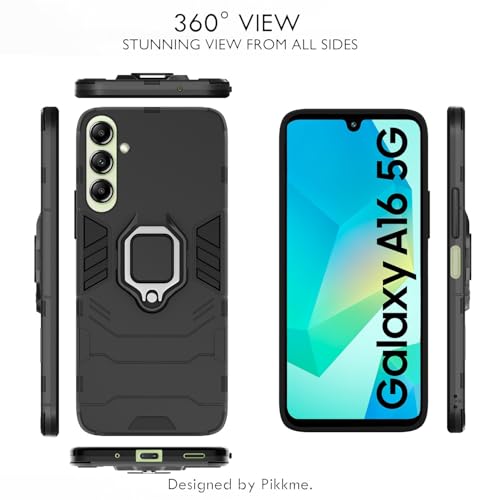 Image of Pikkme Back Cover for Samsung Galaxy A16 5G | 360 Protection Case | Ring Holder Stand D5 Tough Armor Bumper Case (Black)