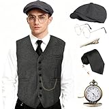 Halloween 1920s Mens Costume Accessories Set,Great Gatsby Clothing,Roaring 20s Pocket Watch,Mafia Mobster Hat for Old Man,1DGray-L