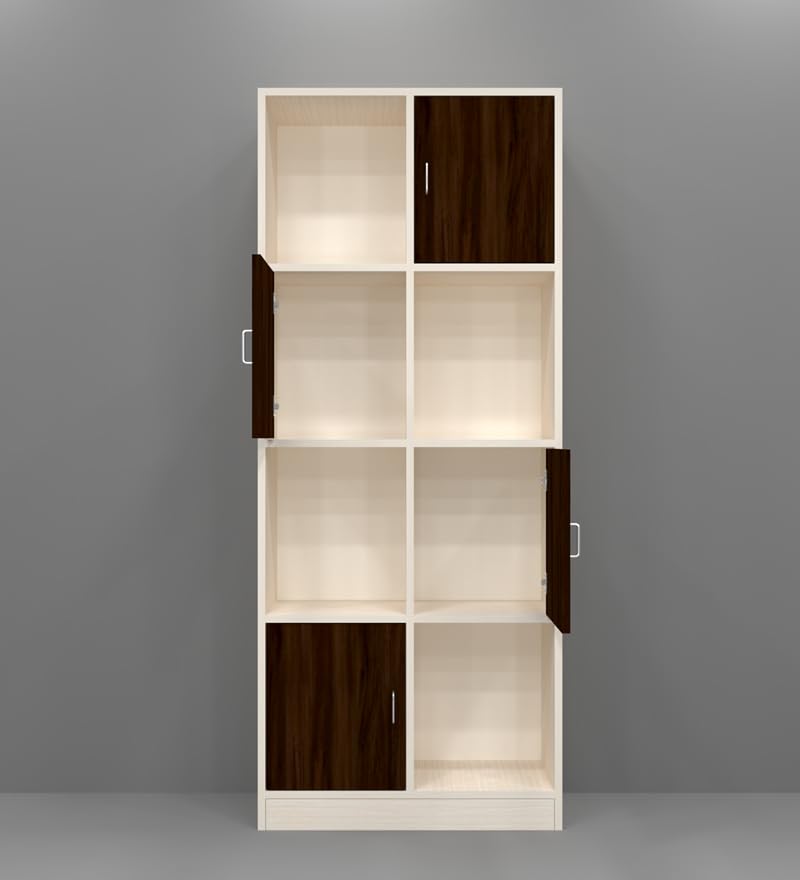 Image of SPECIALITY PANELS 8 Cube Bookshelf with Shutters, White and Brown, 176x73x35 cm, 4 Open and 4 Closed Shelves, Carpenter Assembly Provided