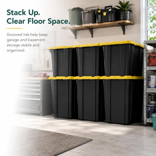 Image of 6-Pack 27Gal Stackable Storage Bins with Lids, Heavy Plastic, Black Yellow