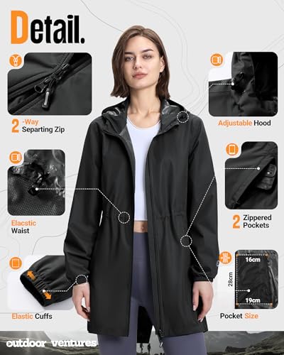 Outdoor Ventures Women's Waterproof Long Rain Coats Packable Lightweight Rain Jacket With Hood Windproof Trench Coats4