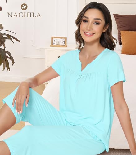 Image of NACHILA Pajamas Set for Women-Viscose Made from Bamboo, Short Sleeve Sleepwear with Capri Pants Pajama V Neck Cool Pjs Navy Blue S