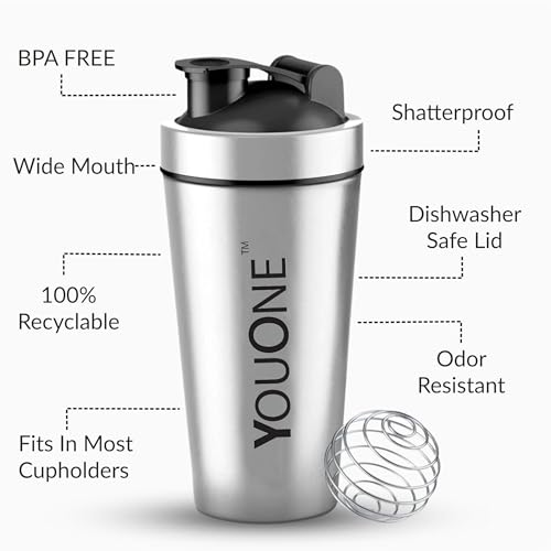 Image of YOUONE Stainless Steel Shaker Bottles For Gym - 100% Leakproof Guarantee, Ideal For Protein, Pre Workout, Bcaas & Water Bpa Free Material