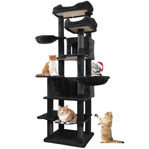 68 Inches Multi-Level Large and Tall Cat Tree Tower for Indoor Cats/Removable Pad/Cat Condo/Sisal Scratching Posts/Hammock/Cat Activity Center/Wide Base Black