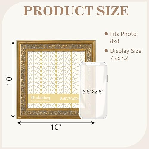 Image of VIOLABBEY 8x8 Picture Frames Gold, Vintage Square Frame Ornate without Mat | Antique Photo Frame, Wall Hanging or Tabletop Display, HD Plexiglass, Wall Decor