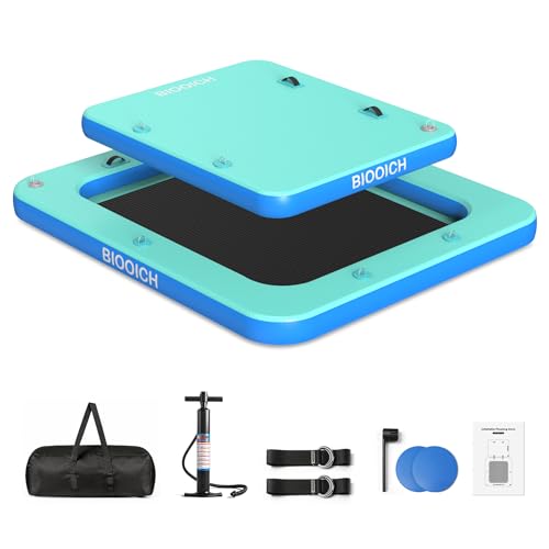 BIOOICH 2 in 1 Inflatable Floating Dock 8.2FTx7.2FT Floating Mat with Mesh Swim Area & Portable Pool Island Platform with Air Pump Repair Kit Storage Bag & Linking Ropes for Swimming Lake Beach