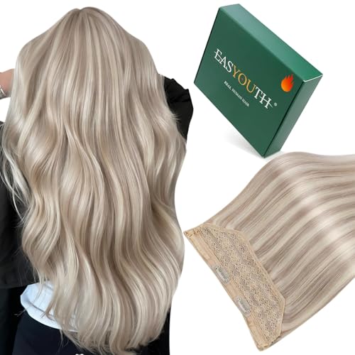 Easyouth Wire Hair Extensions Blonde Highlight Wire Hair Extensions Real Human Hair Ash Blonde Highlights Blond Fish Line Hair Extension Real Human Hair Short Straight Hair 12 Inch 70g