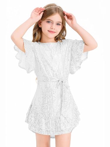 Batermoon Girls' Sequin Dress Crew Neck Bat Sleeve Ruffle Party Wedding Flower Dress with Belt for 5-14 Years3