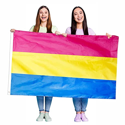 Bandera Pansexual LGBTQ – Paquete de 10 – Decoración de disfraces de orgullo – Bandera grande de 5 x 3 pies con ojales – Festivales y celebraciones del orgullo – Fiestas callejeras