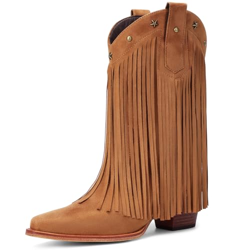 Bybmorto Brown Fringe Cowboy Boots for Women – Star Studded Mid Calf Cowgirl Booties with Pointed Toe and Chunky Heel, Fashionable Western Style for Country Music Festivals, Size 8