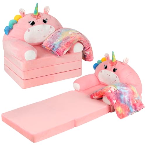 Burbell Toddler Chairs Comfy Unicorn Toddler Couches That Fold Out with Blanket 2-in-1 Kids Fold Out Couch Velvet Child Foldable Convertible Sofa to Lounger for 1-7 Years Old (Pink)