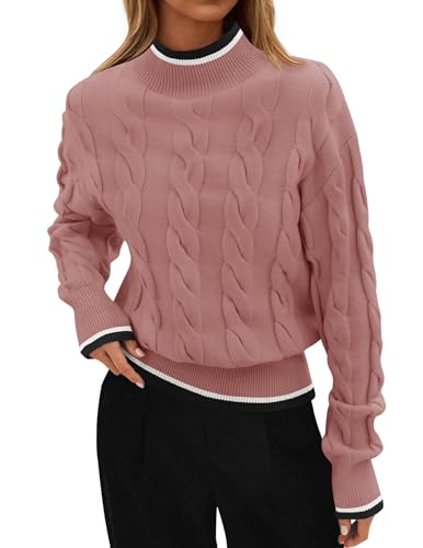 ZESICA Women's Casual Long Sleeve Mock Neck Cable Knit Contrast