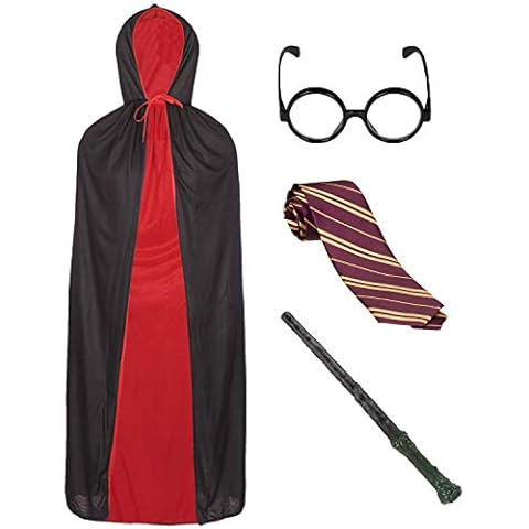 Adult Wizard World Book Day Fancy Dress Set - Reversible Black and Red Cape, Wand, Tie, Glasses Cover