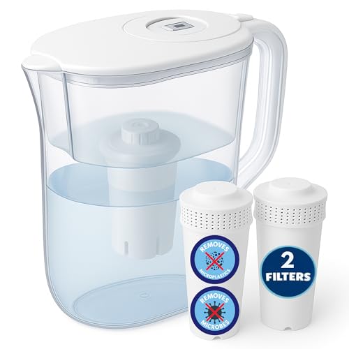 10 Cup Water Filter Pitcher with 2 Ultrafiltration & Carbon Filters - Removes Microbes, PFOA/PFOS, Microplastics, Heavy Metals & More - Compatible with Brita Water Pitcher/Brita Filter Replacement