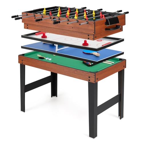 HOMASIS 4 en 1 Table Multi-Jeux avec Baby-Foot, Billard, Hockey et Ping-Pong, Table de Jeu en Bois avec Accessoires, pour Maison Bar Bureau (Naturel)