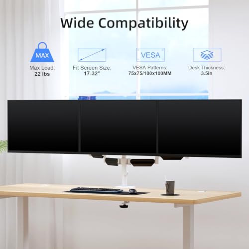 Image of suptek Triple Monitor Mount for Most 17 to 32 inch Screens,Gas Springs Adjustment Triple Monitor Desk Mount Stand with Clamp & Grommet Kit,White(MDX003W)