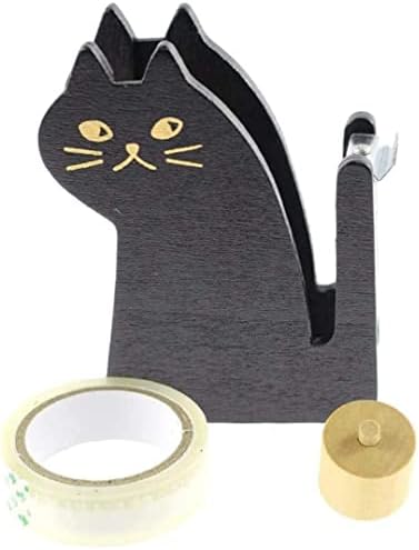 Cute Tape Dispenser,Cute Cat Tape Dispenser,Vintage Wooden Kitty Tape Cutter with 1 Roll Tape for Home Office Desktop Accessory (Black)