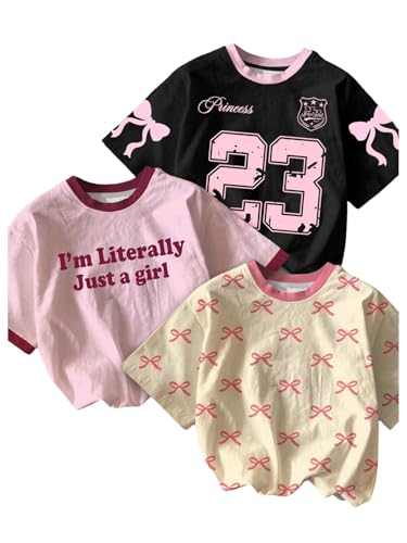 Image of SweatyRocks Girl's 3 Pack Cute Letter Graphic T Shirt Crewneck Short Sleeve Summer Casual Tee Shirt