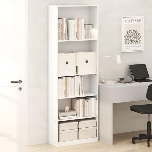 Image of Furinno Jaya Book Shelf, 5-Tier Tall Book Shelf, Bookcase with Open Shelving, Standing Bookshelf, 9.5 x 24.6 x 71.1, for Organization and Storage, for Home Office, Living Room, White