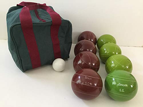BuyBocceBalls Listing - Made in USA, Premium Quality Engraved Tournament Bocce Set, 998 Grams (2 lbs. 3.2 oz.). Various Bag Colors - 110mm Dark Red and Lime Green Balls, Nylon Bag