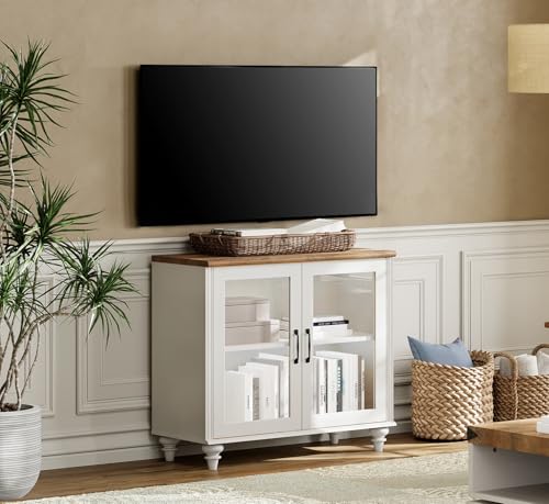 WAMPAT TV Stand for 43 Inch, Wood Console Table Storage Cabinet for Living Room, Kitchen Sideboard Buffet Cabinet With Glass Door for Dining Room, Off White