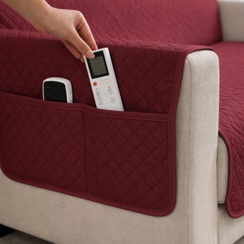Image of STITCHNEST 'Airsoft Range Series' Solid Quilted Velvet Sofa Cover for 3 Seater | Premium Soft Velvet Sofa Protector | Maroon Diamond Quilted Design with Armrest Pockets | Furniture Cover