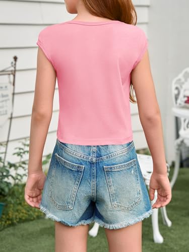 Image of Haloumoning Girls Crop Tops Summer Short Sleeve T Shirts Kids Square Neck Slim Fit Basic Tee