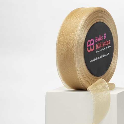 Image of Bells&Whistles Sheer Organza Ribbon | Pack of 2 | Length: 50 Yards Width: 1 inch | Christmas, Festive Decoration. (Cream Gold)