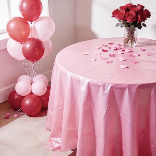 Image of 12 Pcs Valentine's Day Plastic Tablecloths, Disposable Round Red White Pink Table Cover 84 Inch Waterproof Table Covers for Valentine's Day Family Wedding Birthday Bridal Shower Party Decorations