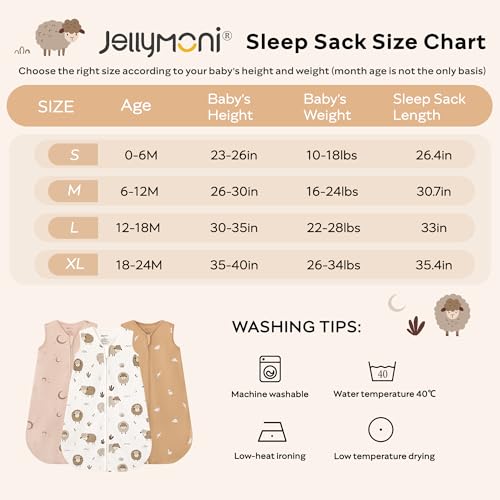 Image of JELLYMONI Baby Sleep Sack 12-18M, 0.5 TOG, 100% Cotton Wearable Blanket | 3 Pack, Soft Cotton Fabric, Breathable Lightweight Sleeveless Sleep Sack, Pre-Shrunk, 2-Way Zipper