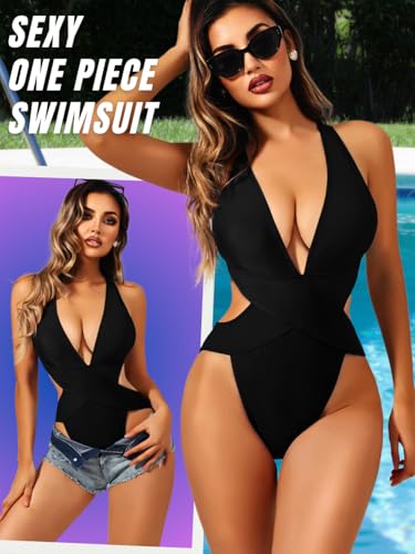Sexy One Piece Swimsuit,Plunge Backless Color Block Swimsuits for Women,High Cut Scrunch Butt Monokini Beach Pool2