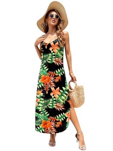 Image of HUSKARY Women's Summer Casual Sleeveless V Neck Strappy Split Loose Dress Beach Cover Up Long Cami Maxi Dresses with Pocket