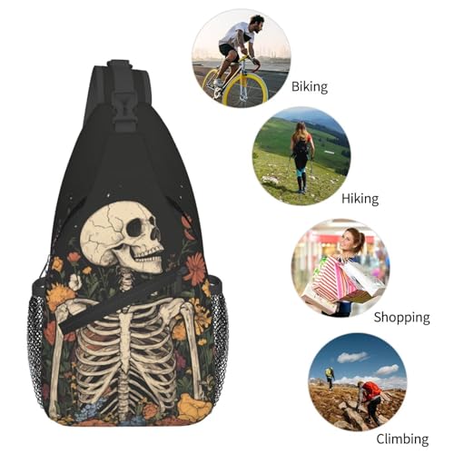 Image of SUPLUCHOM Sling Bag Skeleton Flower Skull Vintage Hiking Daypack Crossbody Shoulder Backpack Travel Chest Pack for Men Women