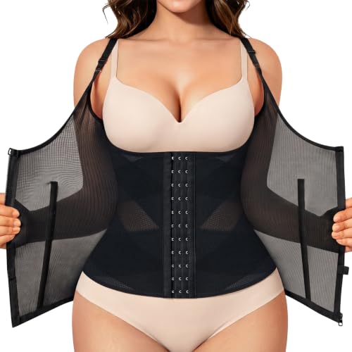 SUNACGO Waist Trainer for Women Mesh Cincher Corset Shapewear Tummy Control(Black,Large)