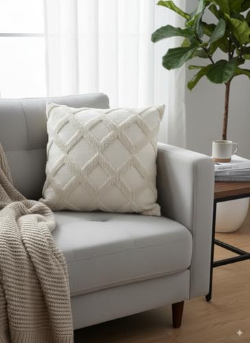 Image of Premium Cotton Cushion Cover, 20 Inch x 20 Inch, Circular Knit Neutral Textured, Square Accent, Cushion Cover Set of 5 for Living Room, Sofa (Diamond-1)