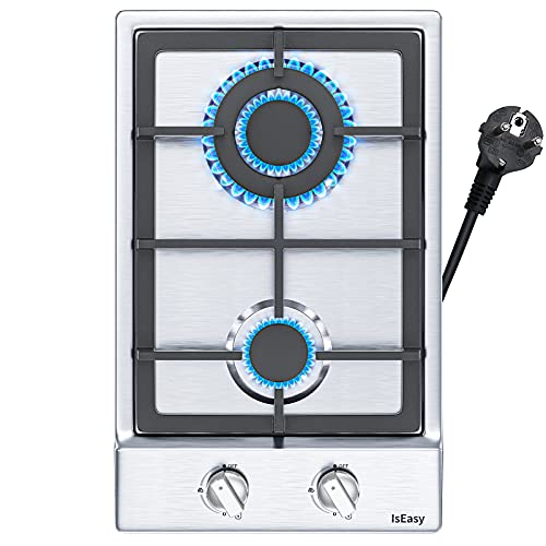 Domino Gaskochfeld, IsEasy Edelstahl Gaskochfeld mit Automatischer Thermoelementschutz, Gaskochfeld 2 Flammig, Erdgas(20mbr)/Propangas(30/50mbr), Impulszündung, 3300 W/1000 W, 220-240V