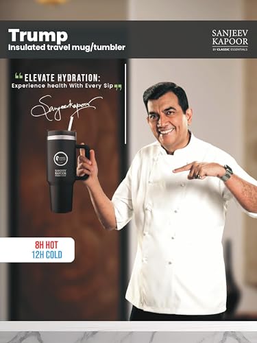 Image of Sanjeev Kapoor by Classic Essentials Stanley Stainless Steel 1200ML Tumbler with Lid and Straw, Hot and Cold Double Insulated Sipper Mug, 100% Leak Proof Coffee Tumbler Cupholder for Office (Black)
